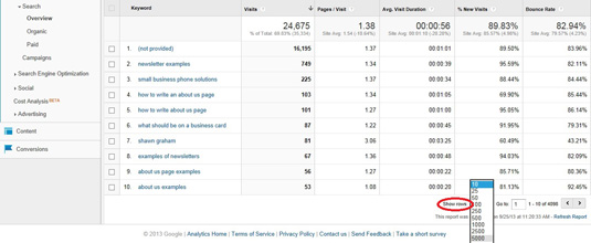 Google Analytics Search Overview Show Rows