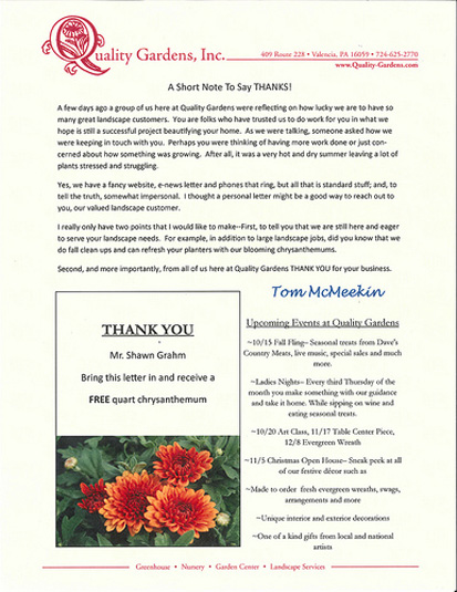 Quality Gardens direct mail marketing letter